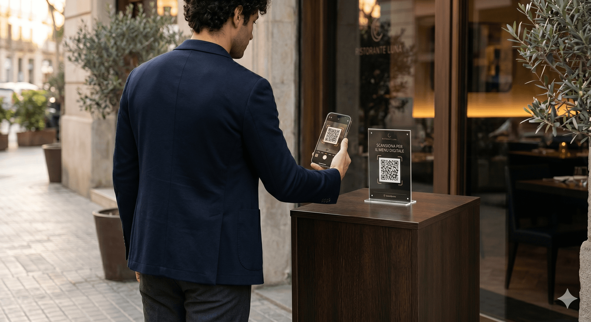 Cliente escaneando QR en mesa de restaurante